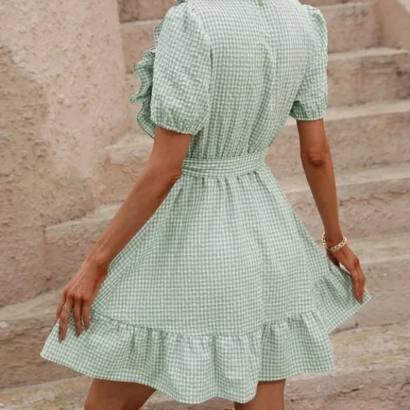 Gingham Print Puff Sleeve Belted Mini Dress Green - Picture 5 of 6